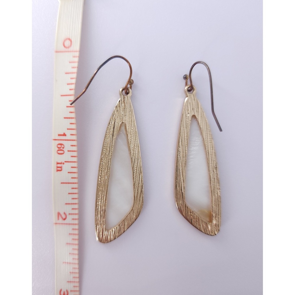 Mother of Pearl Inlay Drop Earrings White Gold Wing Minimal Boho Coastal‎ Luxury - Picture 7 of 11